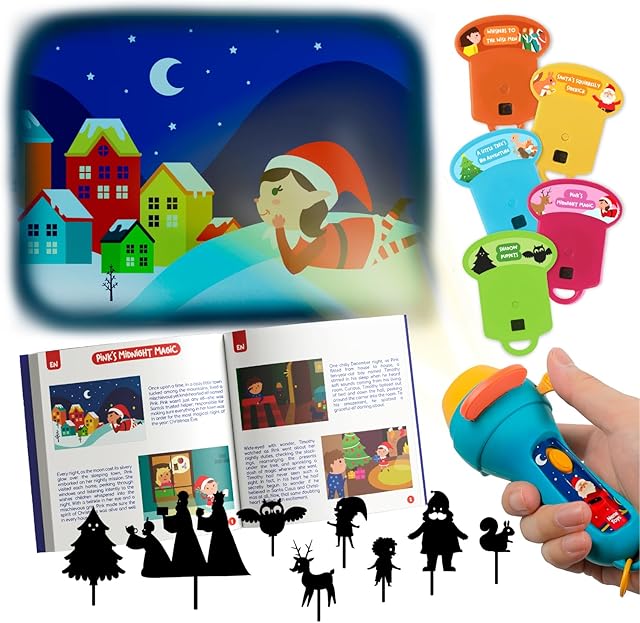 The Nene Toys Christmas Fairy Tales Interactive Book with Flashlight Projector & Shadow Puppets - Magical Stories & Theatrical Playset for Kids 3+ Years - 5 Languages - Perfect Holiday Bedtime Kit