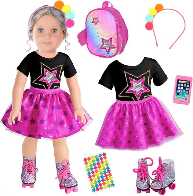 The 18 Inch Girl Doll Clothes and Accessories, Including Dress, Bag, Skating Shoes, Headband, Mobile Phone, Fit 18 inch Doll (Not Include Doll)