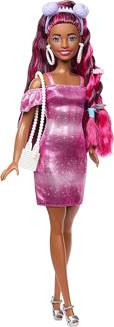The Barbie Doll, Fun & Fancy Hair with Extra-Long Colorful Black Hair and Shimmery Pink Dress, 10 Fashion Play Accessories