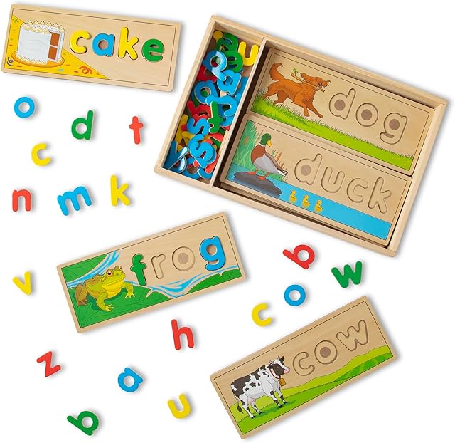The Melissa & Doug See & Spell Wooden Educational Toy with 8 Double-Sided Spelling Boards and 64 Letters Preschool Learning Activities, See & Spell Learning Toys for Kids Ages 4+