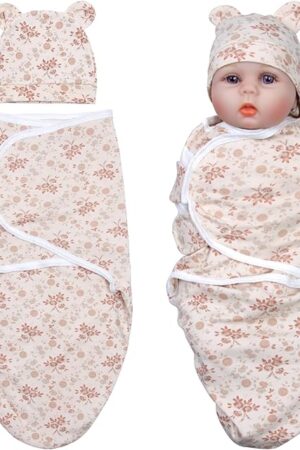 The Reborn Baby Doll Clothes Swaddle Blanket with Hat for 17-22 Inch Reborn Baby Dolls Girl Accessories Set Cute Pink Floral Pattern