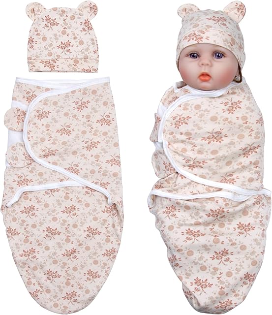 The Reborn Baby Doll Clothes Swaddle Blanket with Hat for 17-22 Inch Reborn Baby Dolls Girl Accessories Set Cute Pink Floral Pattern