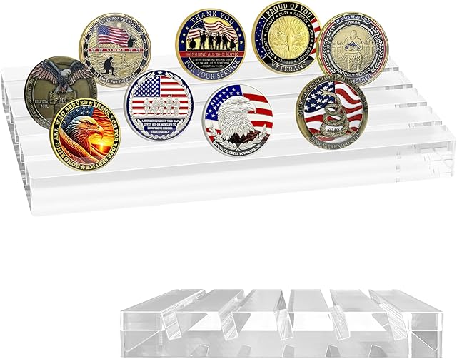 The Boloyo Acrylic Challenge Coin Display Stand, Clear 6x4 inch 5 Row Challenge Coins Display Holder Military Coin Display Case Holder Rack for Collectors (Slant Slot)
