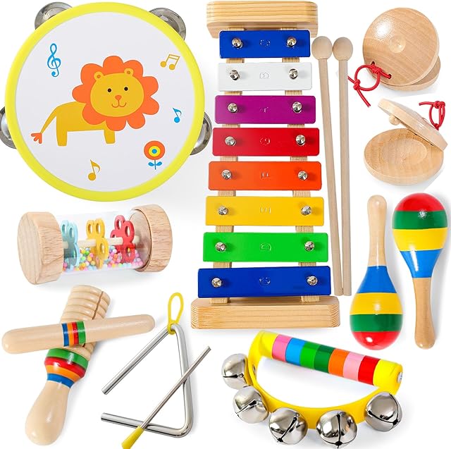The Baby Musical Instruments – Xylophone for Toddlers 1-3, Toddler Gifts Wooden Rainbow Colors Kids Montessori Musical Instruments Set with Tambourine for Baby Girls Boys Birthday Gifts
