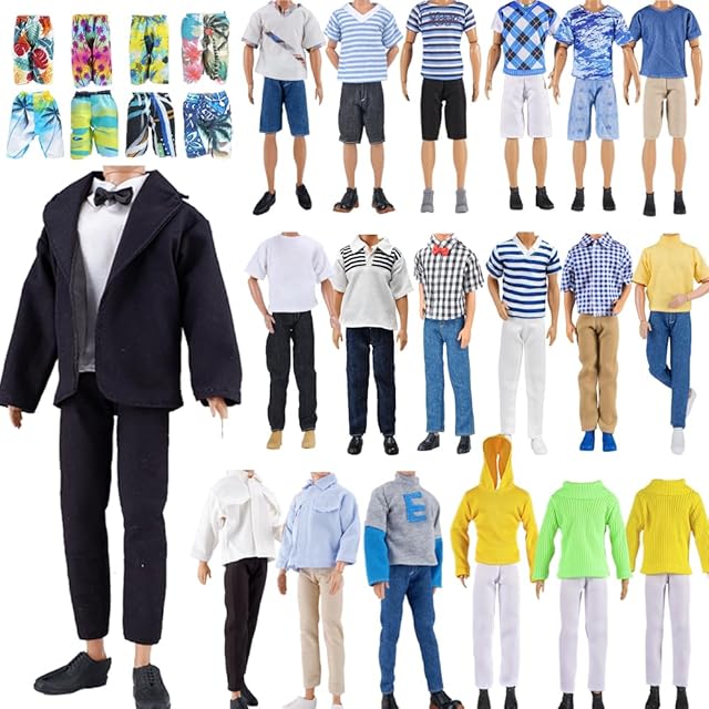 The E-TING 15 Pieces Suit Set for 12inches boy Doll= 1 Suit Jacket + 1 Shirt with Black Bowtie +1 Business Pants + 3 pcs Casual Wear Clothes Tops + 3 Pants + 1pc Swim Trunks +5 Pairs Shoes Random Style