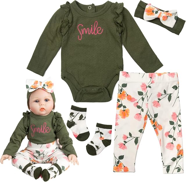 The Reborn Baby Doll Clothes for 20-22 inch Reborn Dolls 4-Pieces Set Flower Green Outfits Newborn Dolls Clothes and Accessories