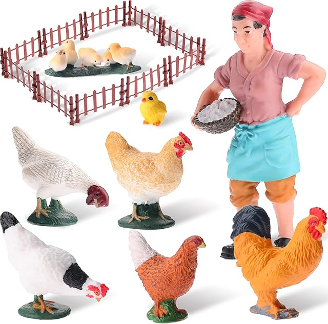 The 18 pcs Farm Cute Animal Figurines Easter Toy Set 7 Simulated Chicken Figurines Realistic Plastic Farmer Feeder 10 Mini Fence Toys Preschool Toy Figure Play Set for Collection Educational Props