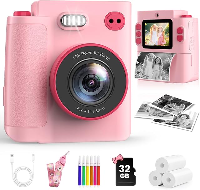The Instant Print Camera for Kids - 1080P HD Toddler Digital Camera for 3 4 5 6 7 8 9 10 Year Old Girls Boys, Christmas Birthday Gift with 32GB SD Card, Selfie Mode, Portable Travel Toy, Fun Filters- Pink