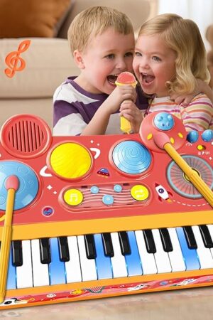 The Piano Keyboard Toys for Girls Boys, 5 in 1 Musical Toddler Toys with Microphone DJ Music Table Drum Set for Toddlers, Kids Piano Christmas Birthday Gift for Ages 2-5 Girls (Pink Electric )