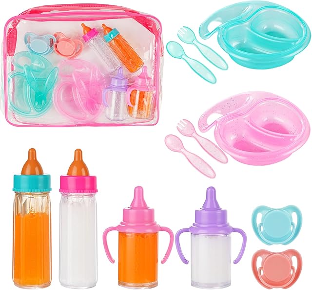 The BABESIDE 13 Pcs Baby Doll Accessories Set with Toy Storage Bag, Magic Baby Dolls Bottles with Disappearing Milk & Juice and Magnetic Pacifiers for Toddlers Pretend Play Toys