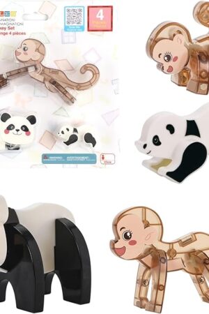 The PicassoTiles Magnetic Build a Panda & Monkey Set Magnet Tile Blocks Add-on Expansion Pack, with Panda, Cub, Monkey & Baby Monkey Preschool Learning Educational Toddler Sensory Pretend Play Toy Ages 3+