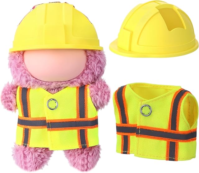 The 17cm Doll Construction Worker Costume Outfit with Mini Yellow Construction Helmet & Safety Vest Fits Stand Seat Series Cute Doll Clothes Accessory Hard Hat for Display Collection Gift