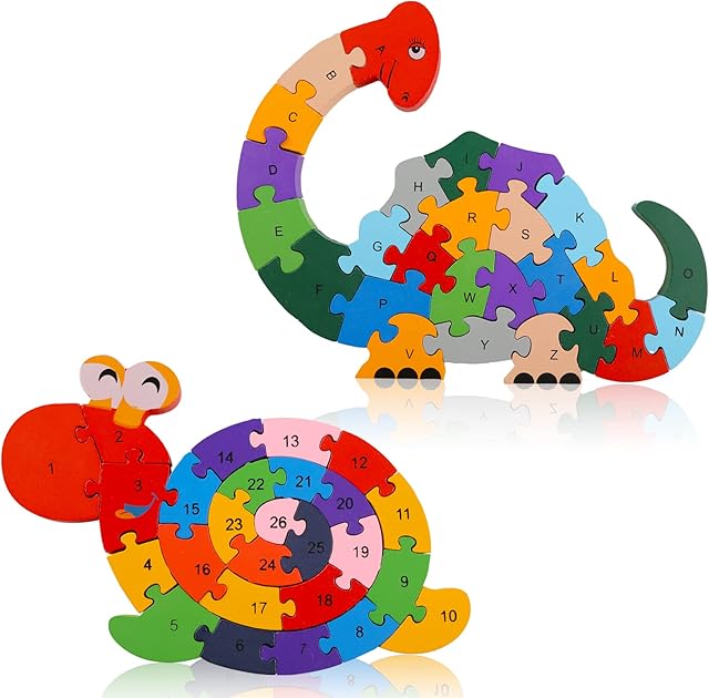 The LovesTown Wooden Animal Puzzles for Toddlers, Alphabet Building Blocks for Kids, Preschool Letters and Numbers Learning Puzzle, 2 PCS