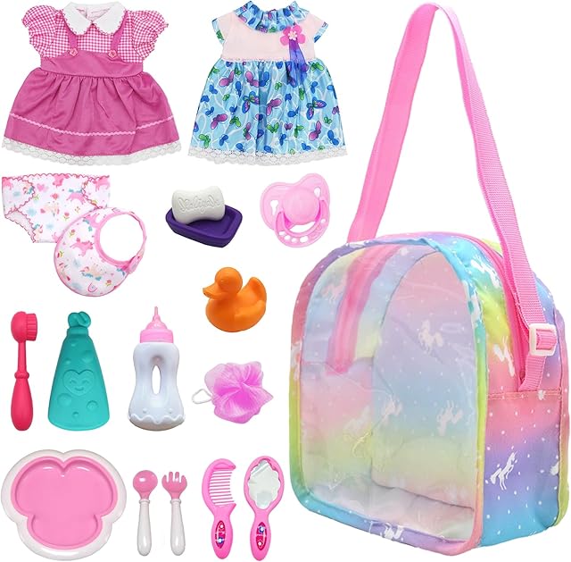 The 18PCS Baby Doll Clothes and Accessories for 14-18 inch Dolls, Baby Doll Diaper Bag Feeding and Caring Set, Include Girl Doll Clothes Bottles Pacifier Bib Diaper Tableware Toiletries, Girls Toys Gift