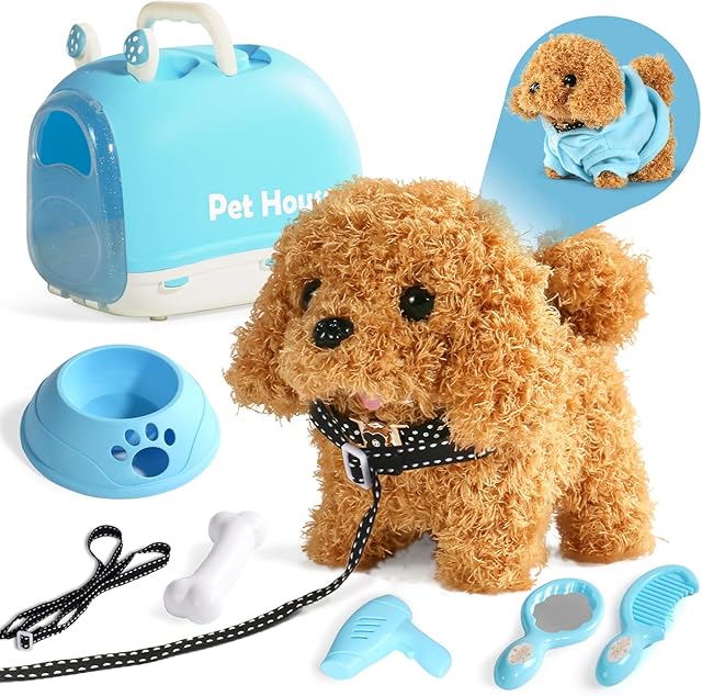 The Walking Dog Toy for Kids with Leash, Realistic Toys for Girls Boys Toddler Toys, Barking Wagging Tail Interactive Dog Plush with Cute Cloak,Puppy Pet Care Gifts for Girls 3 4 5 Year Old Boys