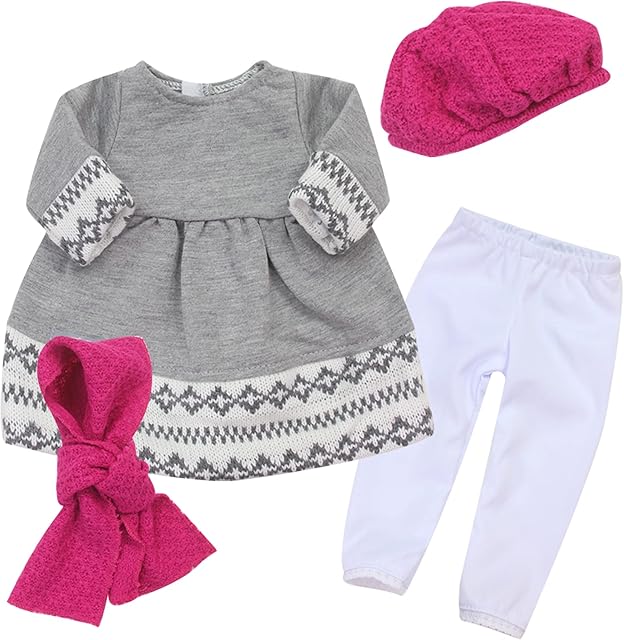The Sophia's 18" Doll 4 pc. Fair Isle Gray Knit Dress, White Leggings, Pink Knit Hat, and Matching Pink Scarf
