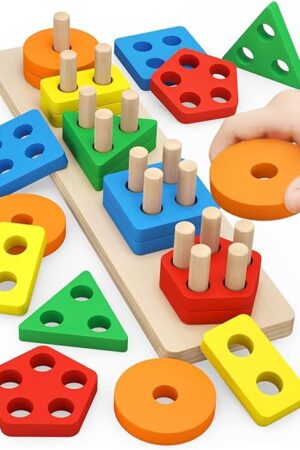 The Practical Life/Sensory Geometric Column Colors & Shapes Puzzles Stacking Tower: Wooden Blocks 2-6 Years Old Toddlers Color Recognition Toy Educational Occupational Therapy STEM Gift