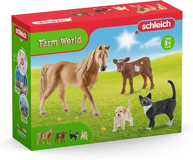 The Schleich Farm World 4pc Animal Figurine Starter Playset - Educational Farm Animal Collection Starter Kit Toy with Cat, Horse, Puppy, and Calf, Durable for Boys and Girls, Gift for Kids Ages 3+
