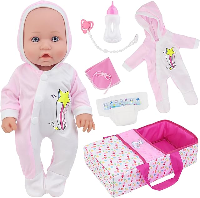 The Ecore Fun 12 Inch Baby Doll with Bassinet Bed, Soft Doll and Accessories Includes 12" Doll, Jumpsuit, Bottles, Pacifier, Diaper, Burp Cloth