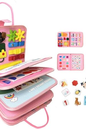The Pink Toddler Busy Board Montessori Toys for 1-3 Year Old Girl Birthday, Educational Activities Developing Sensory Board with Life Skill, Travel Toys for Plane Car