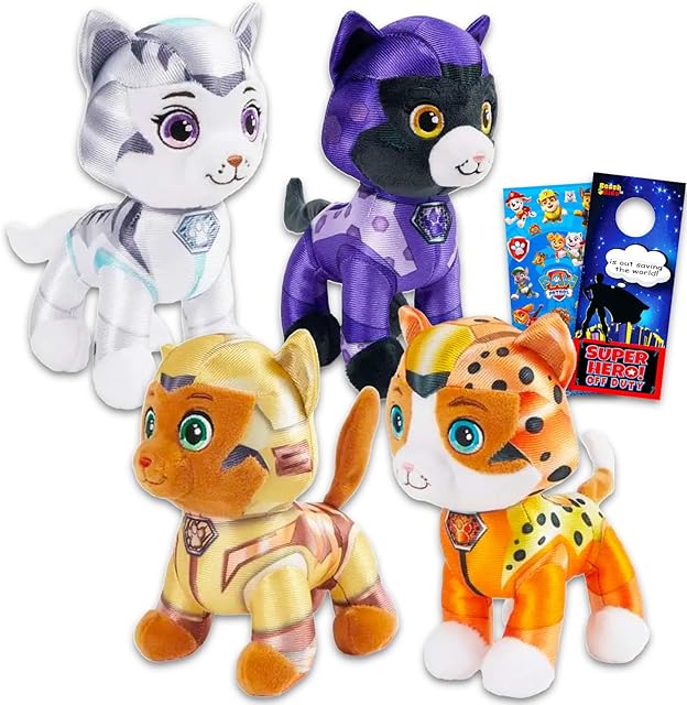 The Paw Patrol Cat Pack Plush Toy Set - 4 Pack Bundle with 8" Plushies for Kids, Girls Featuring Leo, Rory, Wild, Shade Plus Stickers | Paw Patrol Dolls Plush