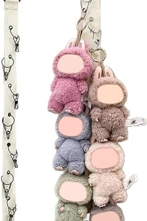 The Plush Doll Hanging Storage Rope Display Rack with 8 Clips – Wall Hanging Organizer for Keychain Plushies, Mini Toys– Holds up to 3kg (White)