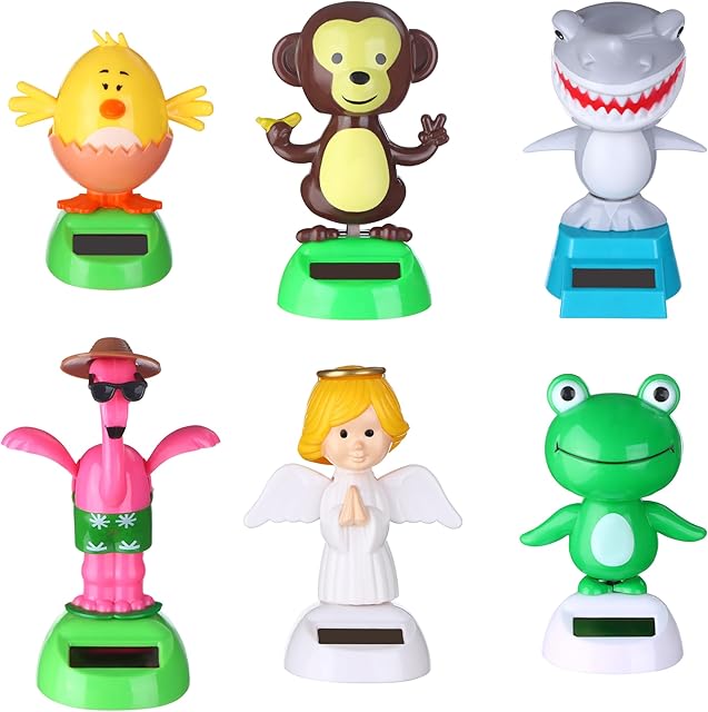 The 6 Pcs Solar Powered Dancing Animal Dolls Swinging Animated Bobble Dancer Window Sun Catcher Car Decor Portable Suncatchers,Frog Angel Shark Flamingo Home Car Ornament Kids Toys Gifts
