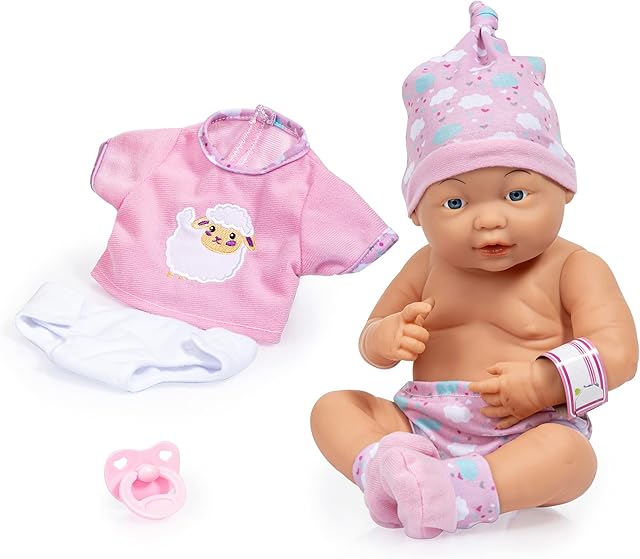 The Bayer: New Born Baby - Pink, Sheep - with Outfit & Accessories, 15" (38cm) Hard Body Doll with Fixed Eyes, Doll Can Be Bathed