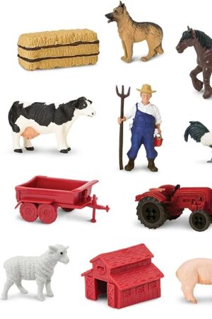 The Safari Ltd. Country Farm TOOB - Figurines of Cow, Farmer, German Shepherd, Shire Horse, Rooster, Trailer, Tractor, Pig, Hay Bale, Ewe, Barn - Educational Toy Figures For Boys, Girls & Kids Ages 3+