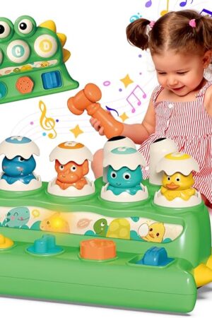 The Pop Up Animal Toys for 6-12-18 Months Old Babies, Cause and Effect Toys with Buttons & Hammer, Musical Toy with Light, Early Learning Sensory Toy for 1 Year Old Toddler Boys Girls Birthday Gift
