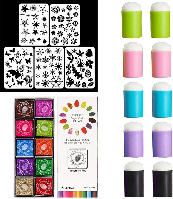 The DIY Sponge Finger Painting Set with 20 Colors Inkpad, 5 Pcs Stencils and 10 Pcs Sponge Daubers - Craft Drawing Tools for Painting, Journaling, Christmas Card Making