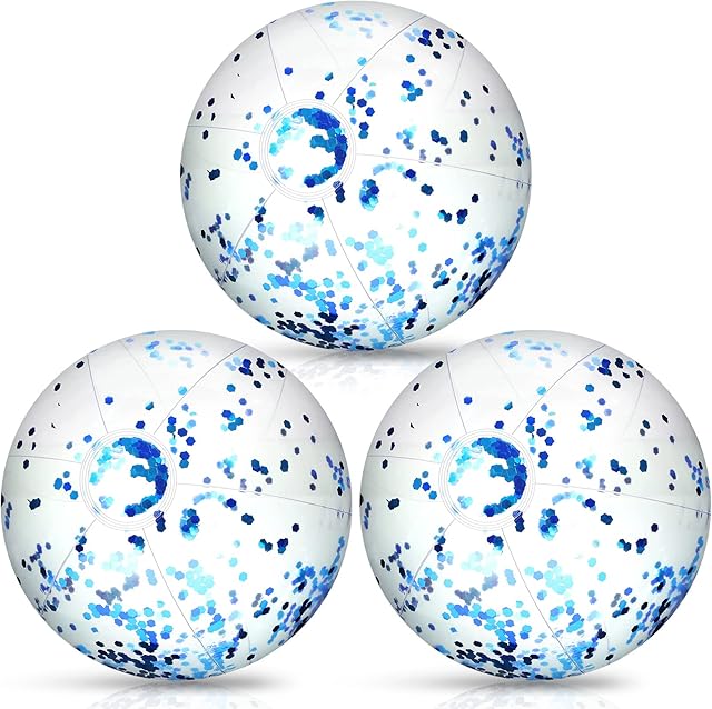 The Tatuo 3 Pcs 12 Inch Blue Inflatable Glitter Beach Balls Sequin Confetti Beach Balls Swimming Pool Float Toy for Summer Outdoor Activity Party Favors