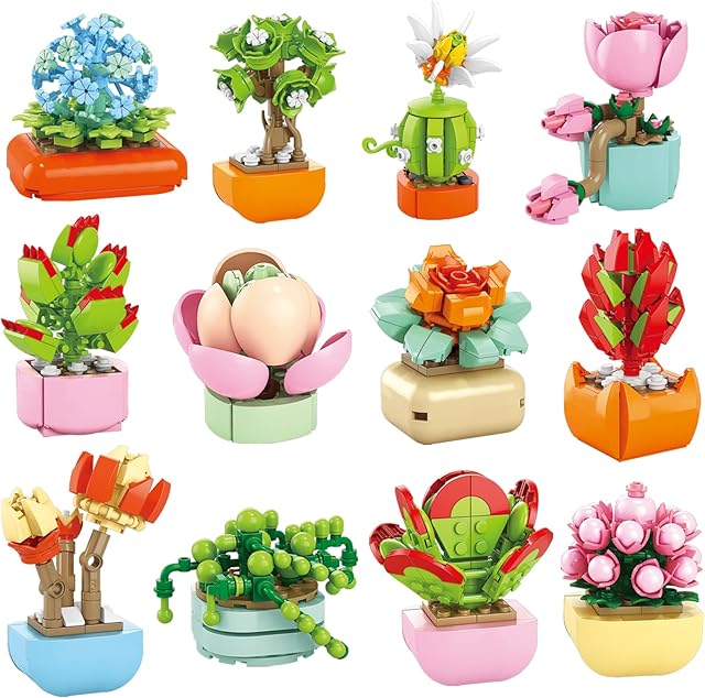 The 12 Pack Flowers Succulents Mini Building Set,Plant Building Blocks Toy, Gifts for Mother's Day, Valentine's Day,Easter Party Favors