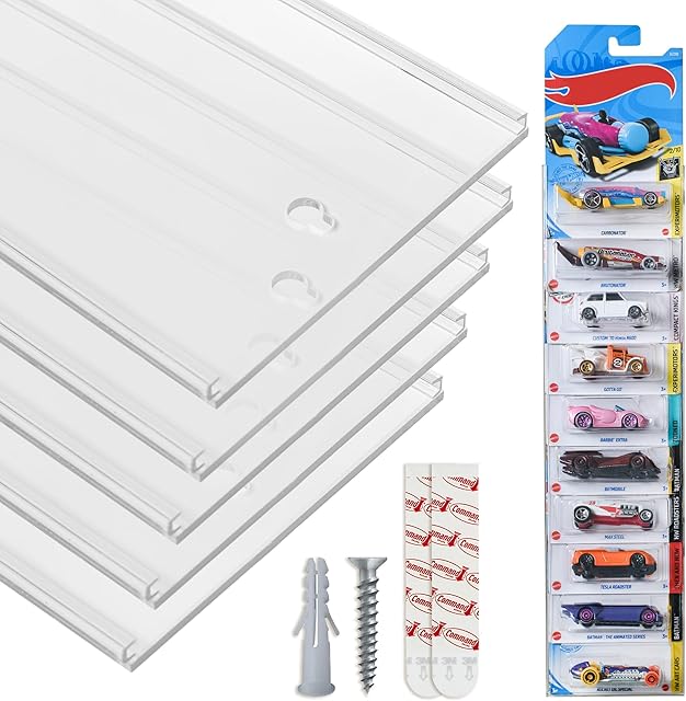 The Acrylic Model Car Display Case Wall Mount-Holds Up To 50 Cars-Compatible with Hot Wheels Matchbox Packaged Cars-Diecast Blister Packed Toy Car Organizer Display Shelf Rack Wall Storage(5-Pack)