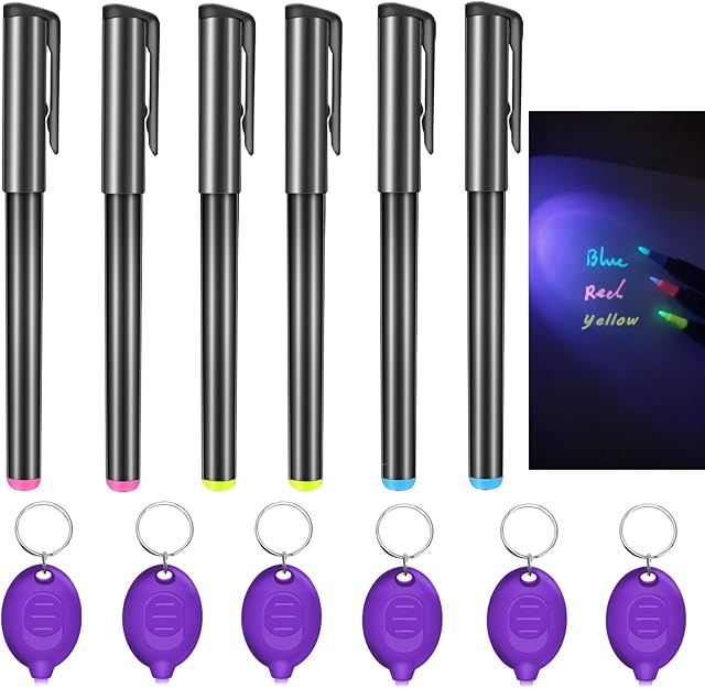 The Invisible Ink Pen, Spy Pen with 6 PCS Mini UV LED Keychain Flashlight, Disappearing Ink Magic Pens with Black Light Markers for Secret Notes, Fit for Christmas Halloween Holiday Gifts (6 PCS)