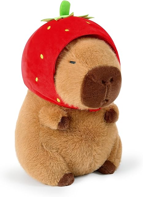 The Ditucu Cute Capybara Plush Wear Strawberry Hat Soft Capibara Stuffed Animal Plushies Toys Hugging Gifts for Kids Brown 9 inch