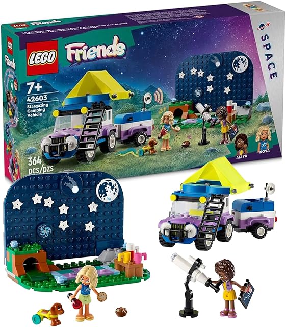 The LEGO Friends Stargazing Camping Vehicle Adventure Toy, Includes 2 Mini-Dolls, Camping Trailer, Telescope Toy, and a Dog Figure, Science Toy Gift Idea for Girls, Boys and Kids Ages 7 and Up, 42603