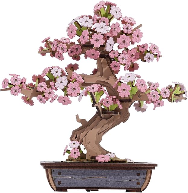 The Rolife 3D Wooden Puzzle Flower for Adults, DIY Sakura Bonsai Tree Plants for Home Table Decor, Creative Cherry Blossom Crafts Birthday Model Building Kits Toys