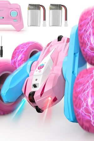 The Remote Control Car, Pink RC Cars for Girls, Rechargeable RC Truck, 2.4Ghz Double Sided 360° Rotating Stunt Car Toy with Headlights, Birthday Gift for Kids Age 3+
