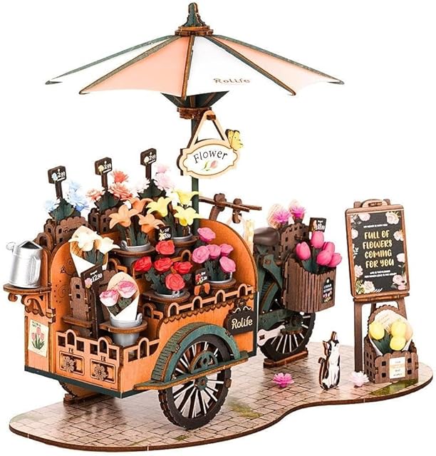 The Rolife DIY 3D Wooden Puzzle for Adults, Flower Cart Brain Teaser Puzzle for Teens Girls Boys, Creative Craft Hobby Gifts Model Building Kits, Home Decor Assembly Toy
