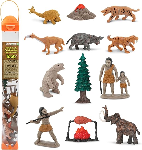 The Safari Ltd. Prehistoric Life TOOB - 12 Figurines: Caveman, Cavewoman, Volcano, Mammoth, Doedicurus, Smilodon, Sloth, Dinosaurs - Educational Toy Figures For Boys, Girls & Kids Ages 3+
