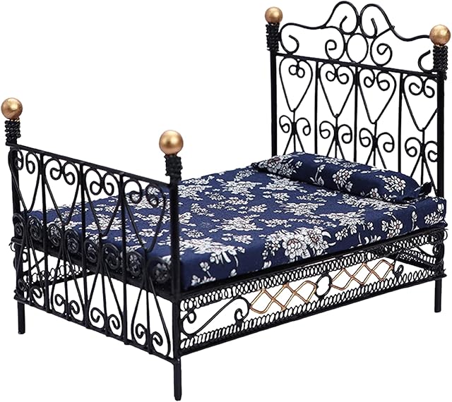 The Dollhouse Bed 1:12 Scale Cute Realistic Doll Bed with Mattress & Pillow Mini Creative DIY Miniature Dollhouse Accessories for Children Playing Gift, Black Mini 1 12 Scale Furniture