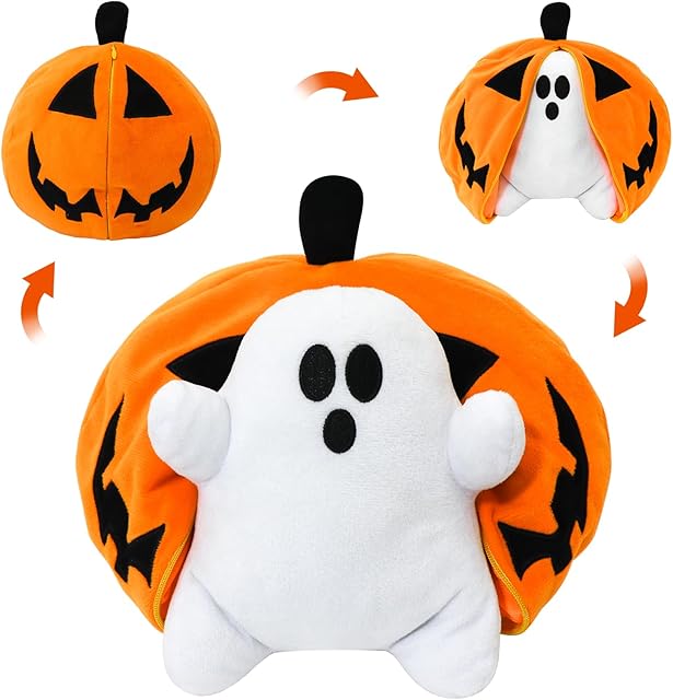 The Halloween Pumpkin Ghost Plush Toy with Zipper – Cute Jack-o’-Lantern Ghost Pillow Decoration – Soft and Cuddly for Boys and Girls Plush Toy (Halloween Plush-A)