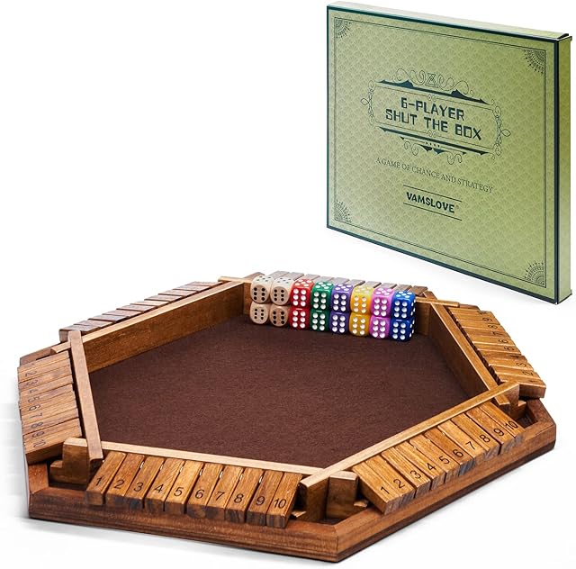 The Vamslove Shut The Box Dice Game Wooden Board (L15 x W13) for 1 2 3 4 5 6 Player, 6 Sided 10 Numbers Math Games with 16 Dices for Kids Adults(Instructions Included)