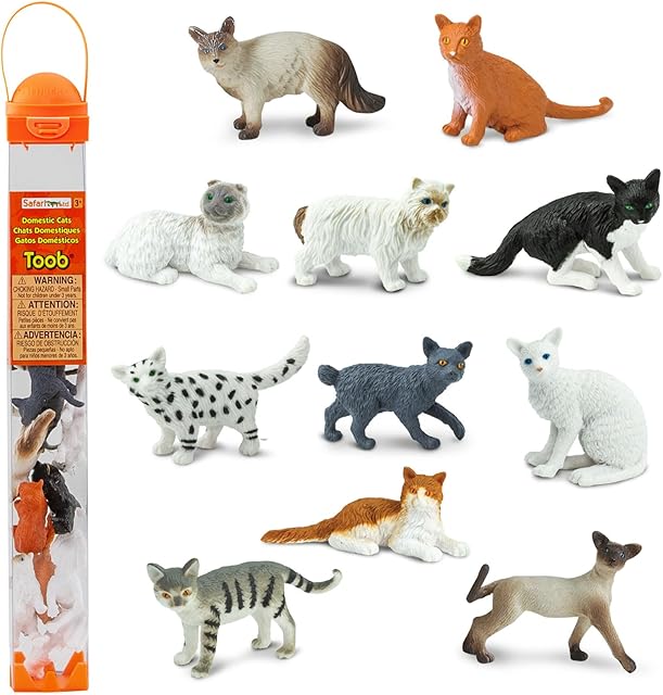 The Safari Ltd. Domestic Cats TOOB - 11 Mini Figurines Including Balinese, Gray Tabby, Angora, Birman, Siamese, and More - Toy Set for Boys, Girls & Kids 3+