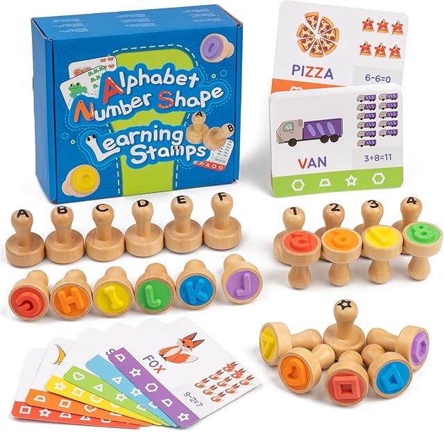 The Alphabet Number Stamps for Kids, Wooden ABC Spelling Letter Stampers Set with Flashcard Mathematics Learning Number Stampers Arts & Crafts Supplies, Montessori Toy Gifts for 3 4 5 Year Old