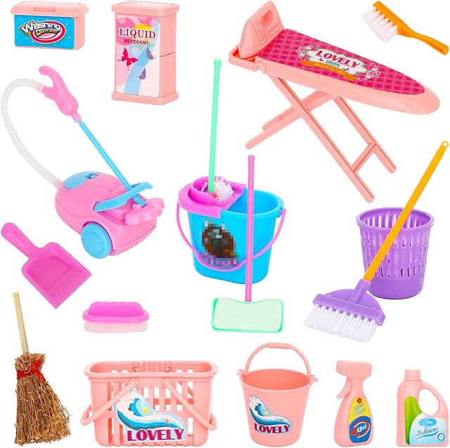 The SOTOGO 18 Pieces Doll Housework Cleaning Supplies Miniature Mini Dollhouse Accessories Dollhouse Furniture Decoration Accessories for Dolls Pretend Play