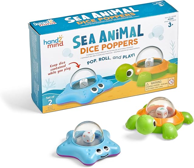 The hand2mind Sea Animals Dice Poppers, Math Dice Popper, Game Replacement Dice Roller, Dice Games for Kids, Board Game Accessories, Family Game Night, Kids Travel Activity, Fun Classroom Games (Set of 2)