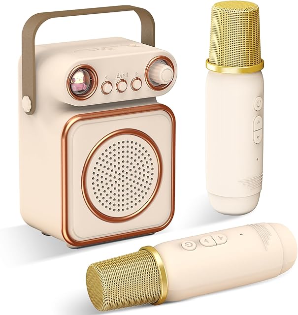 The Mini Karaoke Machine with 2 Wireless Microphones Portable Bluetooth Microphone with Speaker for Kids and Adults Speaker with Light Birthday Gifts for Girls Ages 4~12+ Years Old (Beige)
