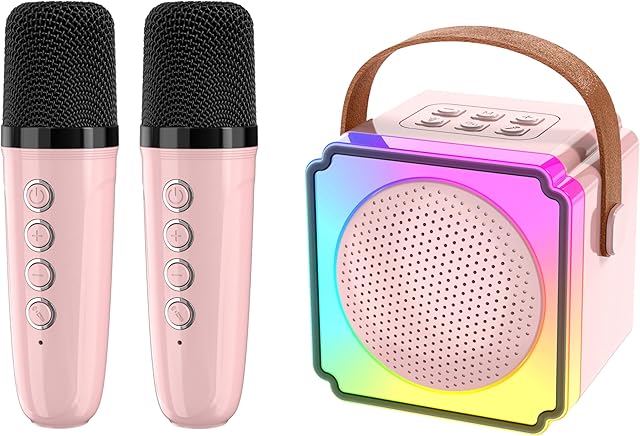 The Kids Karaoke Machine, Portable Bluetooth Karaoke Speaker with 2 Wireless Microphone and Lights, Karaoke Toys Gifts for Girls Ages 3-12 +Year Old Birthday Family Home Party (Pink)
